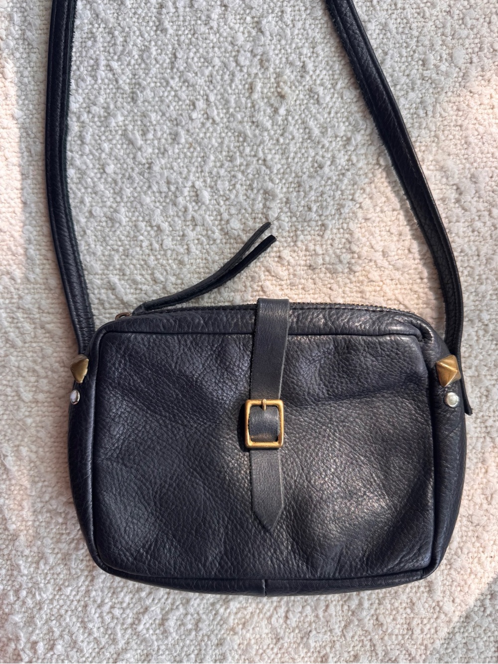 Clare V. Minimalist Black Leather Crossbody with Gold Buckle Accent